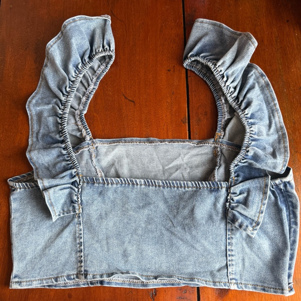 Stretch Denim Ruffle Crop Top - Picture 3 of 5